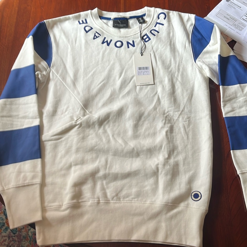 Scotch and soda white crewneck with blue stripes